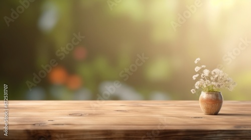 Wooden table with flower vase on bokeh background.