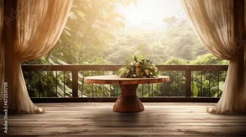 Wooden table with flowers on terrace with nature view background.