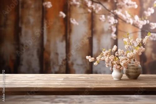 Empty wooden table with cherry blossoms in vase over grunge background