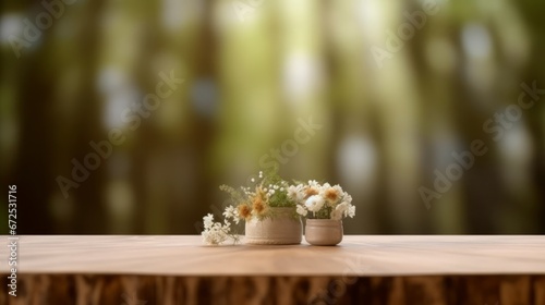 Wooden table with flower in vase on bokeh background