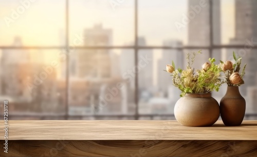 Vase with flowers on wooden table in front of window with city view
