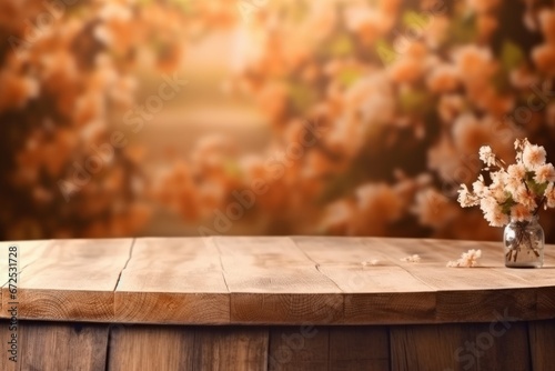 Empty wooden table for product display montages with spring flowers background.