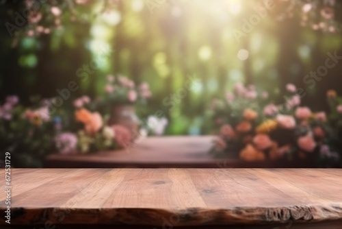 Empty wooden table over blurred background of spring garden, product display template