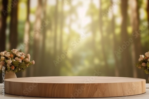 Wooden podium on the background of the forest. 3d rendering