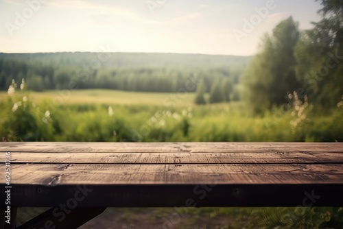 Wooden table top on blurred background of summer meadow with forest