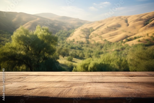 Wooden table in front of beautiful landscape. Ready for product display montage