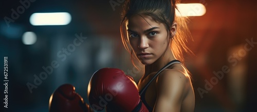 The girl a female fighter practices throwing a variety of punches during her training sessions at the boxing gym © 2rogan