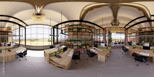 3d illustration spherical 360 vr degrees, a seamless panorama of the room and office. interior design 3D rendering.reception in a modern panoramic office photo