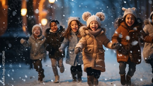 group of children running in the snow