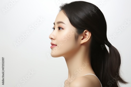 Close up shot of asian model with smooth face, Beautiful woman with healthy skin, Cosmetics skincare ads. Lotion, Oil, Moisturizer, Ointment