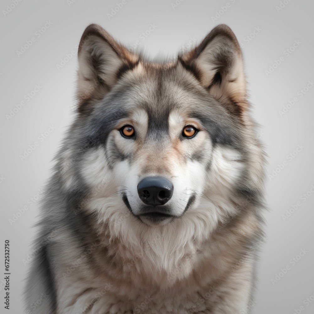 AI generated illustration of A majestic wolf stares with a white background