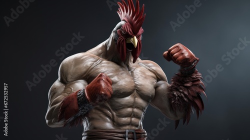 Muscle chicken gesture fist pump, Rooster fighter showing fighting pose on bright color studio background