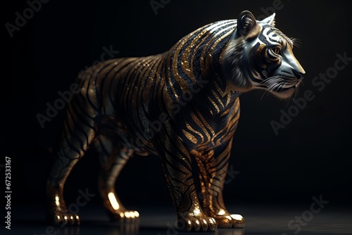 Tiger statuette on a black background. 3d rendering © Angus.YW