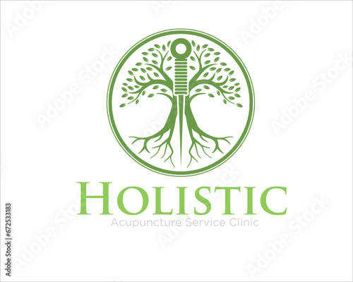 holistic tree logo designs with needle acupuncture logo