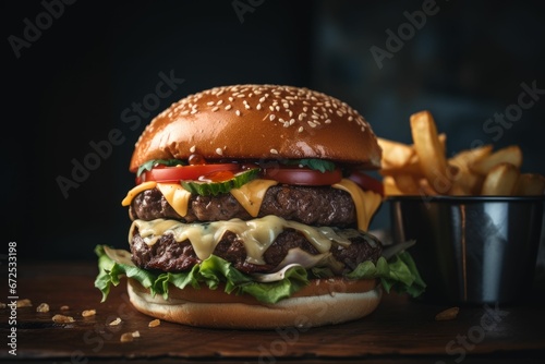 AI generated illustration of a fast-food meal consisting of a hamburger and french fries