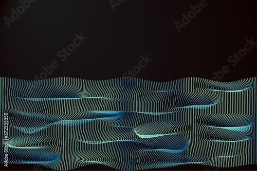 Abstract Vector wavy lines pattern smooth curve flowing dynamic blue green gradient light isolated on black background for concept of technology, digital, communication, science.