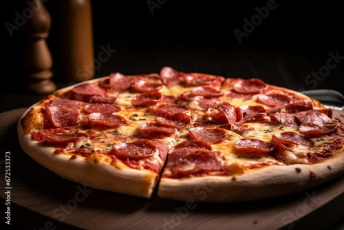AI generated illustration of a freshly made pepperoni pizza, cut into slices and ready to be served