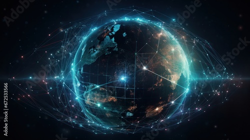 Global network connection over planet Earth 3D rendering elements