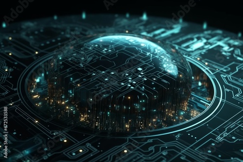 3D rendering of a technological background with a world globe and a circuit board