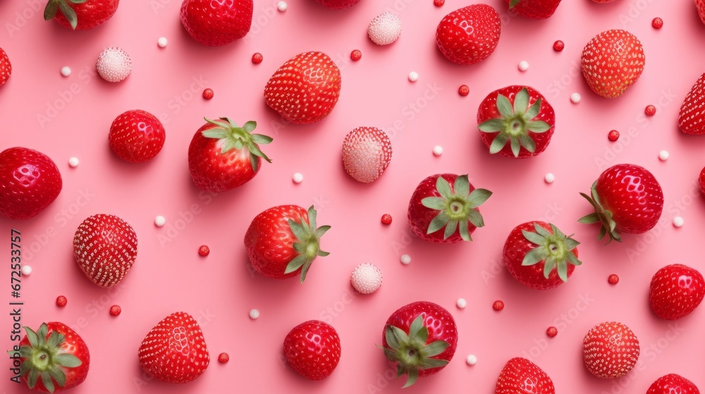 Fresh ripe strawberries on pink background, flat lay. Healthy food concept Fresh ripe strawberries on pink background, flat lay. Healthy food concept
