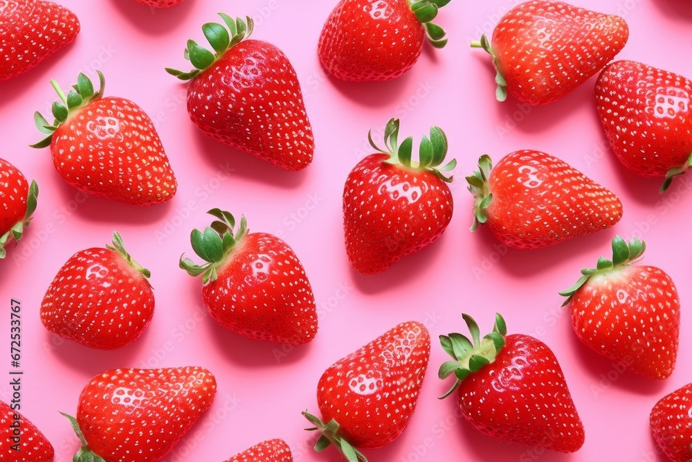 Strawberry pattern on pink background. Top view. Flat lay. Strawberry pattern on pink background. Top view. Flat lay.
