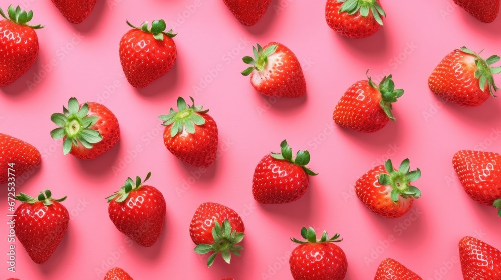 Strawberry pattern on a pink background. Flat lay, top view. Strawberry pattern on a pink background. Flat lay, top view.