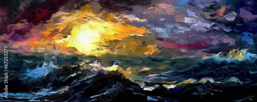 AI generated illustration of vivid painting of glowing orange and yellow sun setting over the ocean