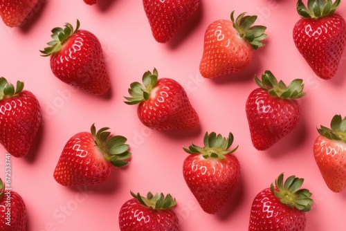 Fresh strawberries on pink background, top view. Healthy food concept.