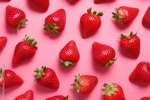 Strawberry pattern on pink background. Flat lay, top view.