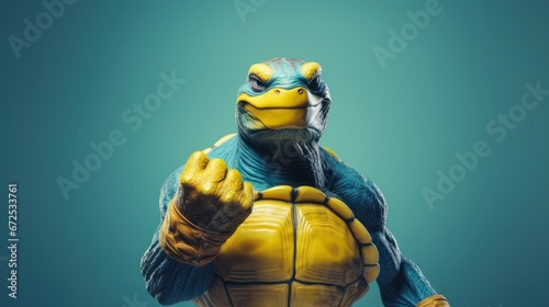Muscle turtle gesture fist pump, Mutant turtle showing fighting pose on bright color studio background