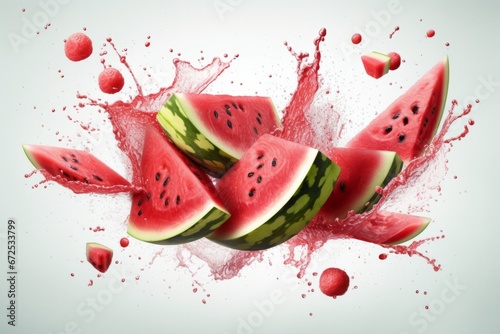 Watermelon splashes isolated on white background. 3D illustration.