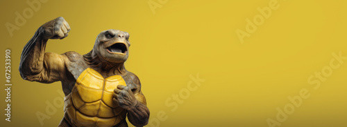Muscle turtle gesture fist pump with copyspace, Mutant turtle showing fighting pose on bright color studio background