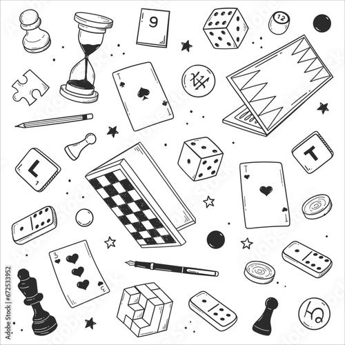 set of hand-drawn board games. sketch doodle of chess, checkers, go, dominoes, playing cards, scrabble, backgammon isolated on background.