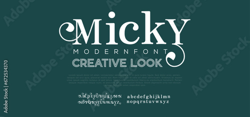 MICKY Premium luxury elegant alphabet letters and numbers. Elegant Tech typography classic serif font decorative vintage retro. Creative vector illustration