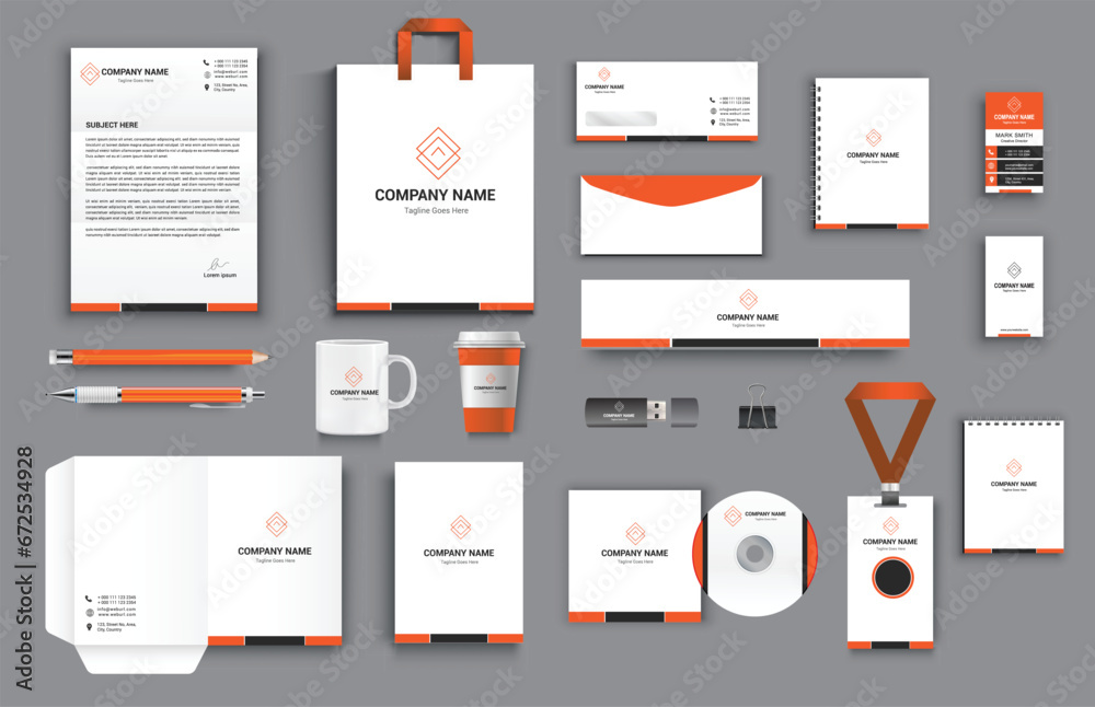 office business stationary set in orange black white color vector design with letter head envelop folder id card notepad dvd cover usb paper clip pen pencil cups business card shopper - obrazy, fototapety, plakaty 