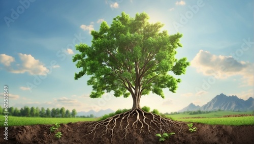 a tree with its roots in the ground
