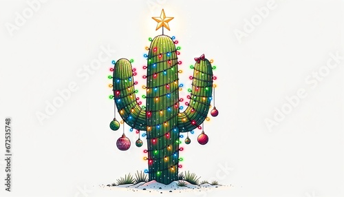 Christmas cactus decorated for the winter holiday season in the desert