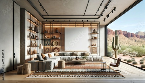 photograph of a southwestern desert style living room den interior design photo