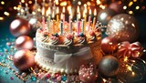 Delicious birthday cake with lit candles
