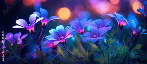 Fototapeta Naklejka Na Ścianę i Meble -  Neon colored flowers set against a backdrop of grass featuring a macro view dreamy bokeh and radiant neon lighting all capturing the beauty of nature