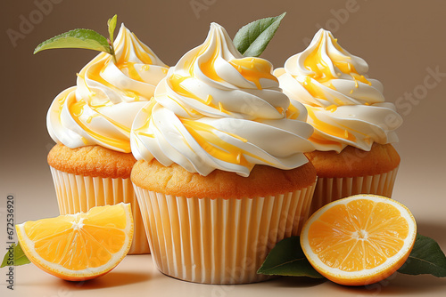 Lemon cupcakes with lemon buttercream frosting, and decorated with lemon swist. photo