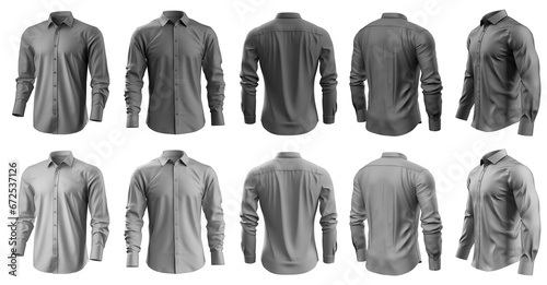 2 Set of grey gray button up long sleeve collar shirt front, back and side view on transparent background cutout, PNG file. Mockup template for artwork graphic design photo