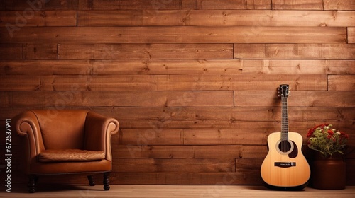 Panoramic view of a warm wood background with brown acoustic panels, inviting and rustic, interior design, acoustic guitar photo