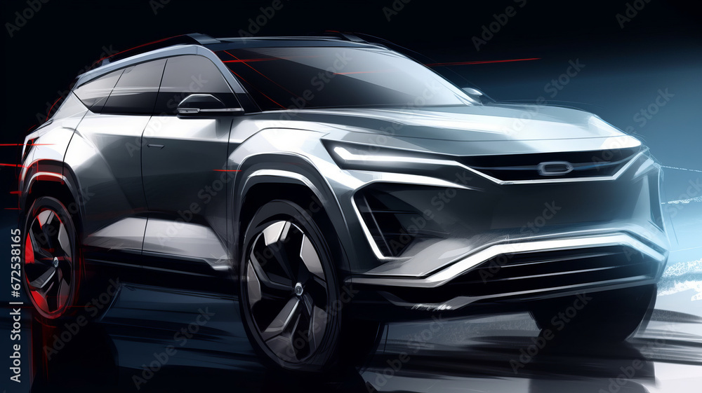 A chinese EV SUV sketch render, features clean front facial and silver body color