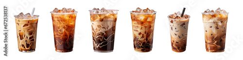 Fotografia Collection of iced coffee in plastic takeaway glass isolated on a transparent ba