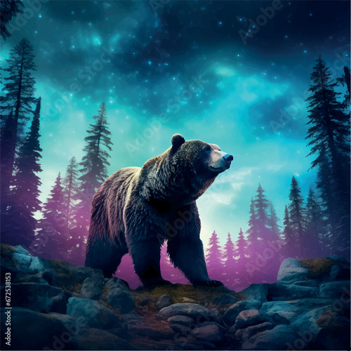 Illustration of bear walking through the forest with the lights above in the sky glowing bright with stars in the sky