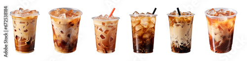 Collection of iced coffee in plastic takeaway glass isolated on a transparent background photo