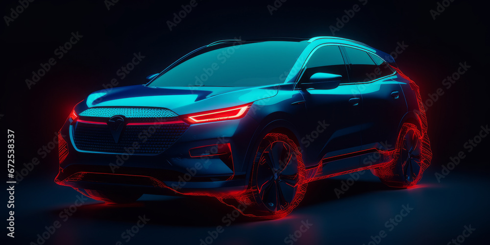 Naklejka premium A mid sized blue tone electric city SUV that has red led running through the center line