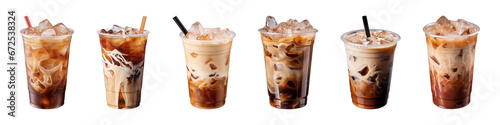 Collection of iced coffee in plastic takeaway glass isolated on a transparent background photo