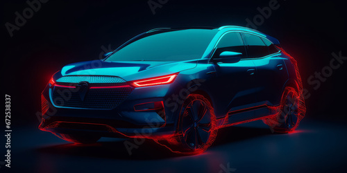 A mid sized blue tone electric city SUV that has red led running through the center line